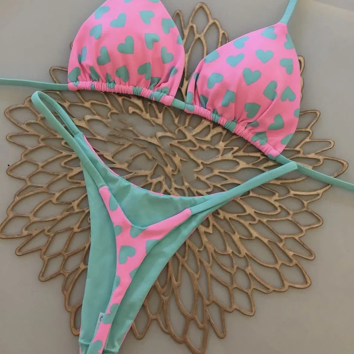 Heart Print Backless Bikini Swimsuit