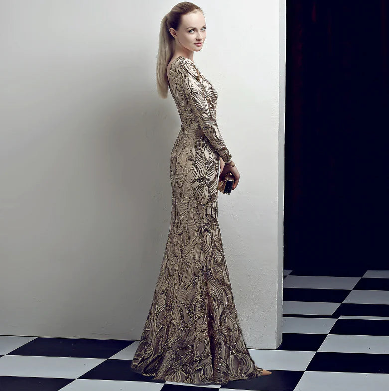 Deep V Long Sleeve Split Night Dress with Sequins