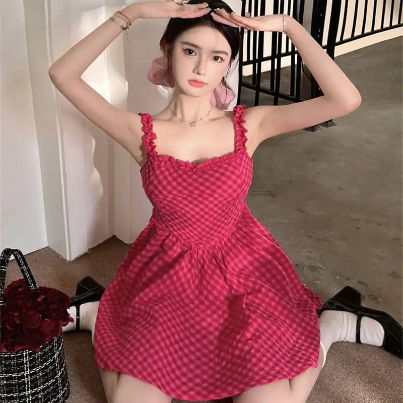 Women's Summer Plaid Suspender Dress with Fungus Design