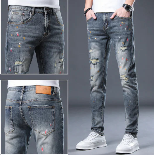 Colored Ink Graffiti Ripped Slim Stretch Jeans