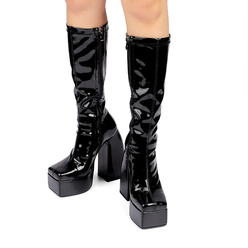 Bright Leather Side Zipper High Heel Platform Boots