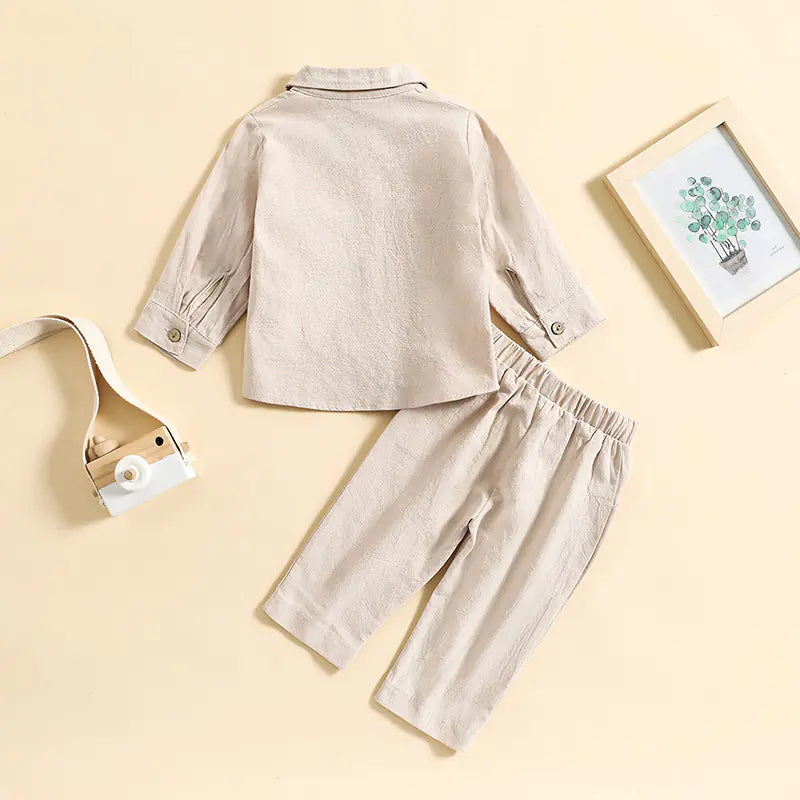 Boys' Cotton Linen Standing Collar Casual Outfit Set