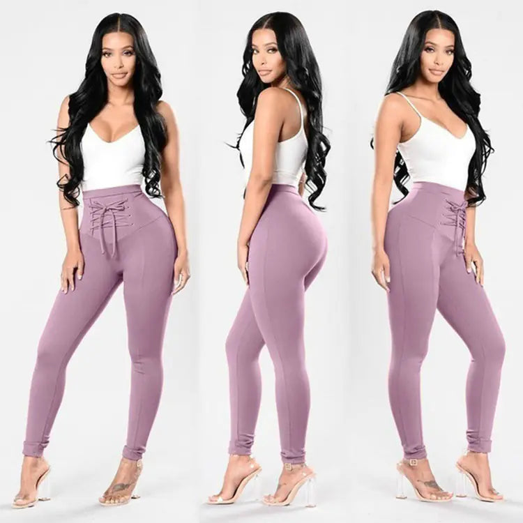 Plus Size Cotton Lace-Up Pencil Trousers for Women