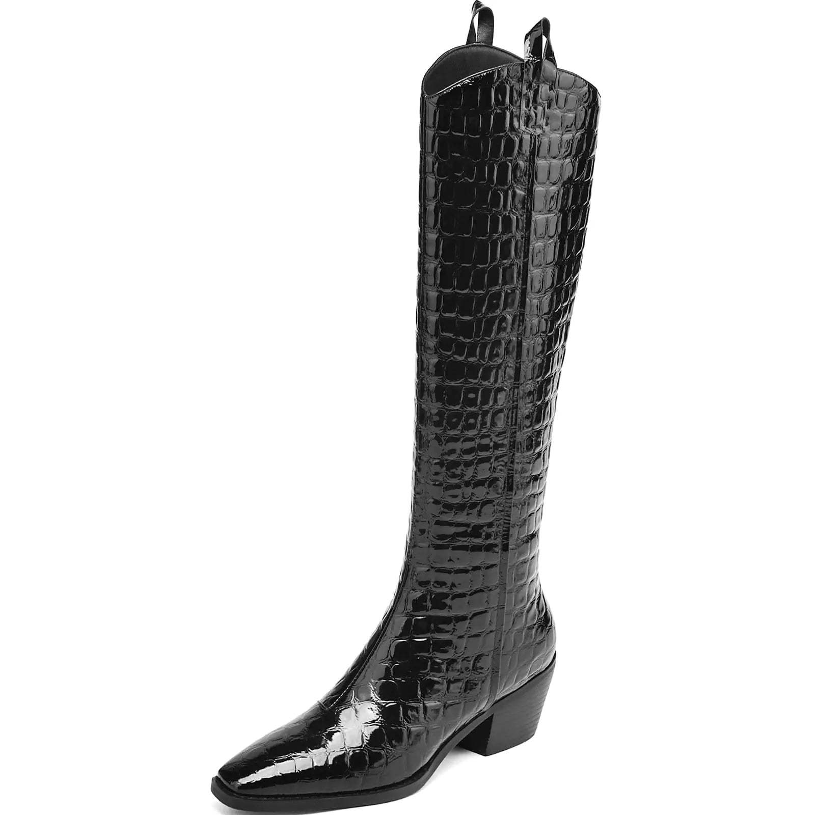 AIUNIIND Croc Embossed Chunky Heel Riding Boots