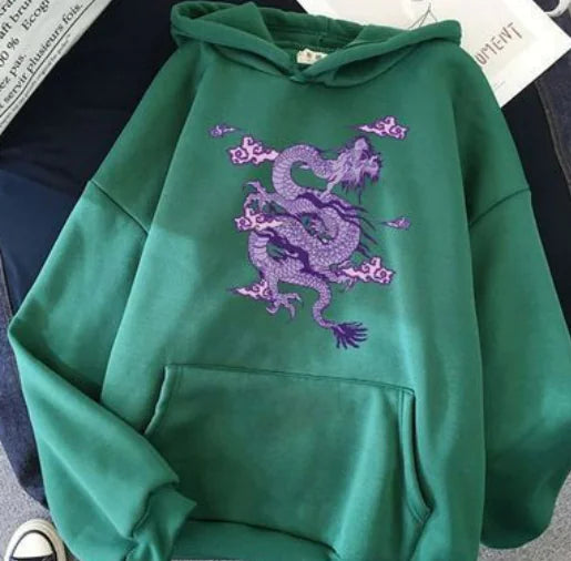 Candy Color Hooded Sweatshirt with Dragon Cloud Print