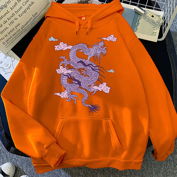 Candy Color Hooded Sweatshirt with Dragon Cloud Print