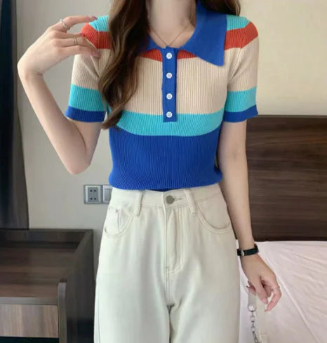 Color Stitching Slim Fit Lapel T-shirt with Short Sleeves