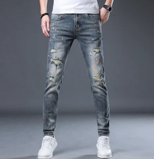 Colored Ink Graffiti Ripped Slim Stretch Jeans