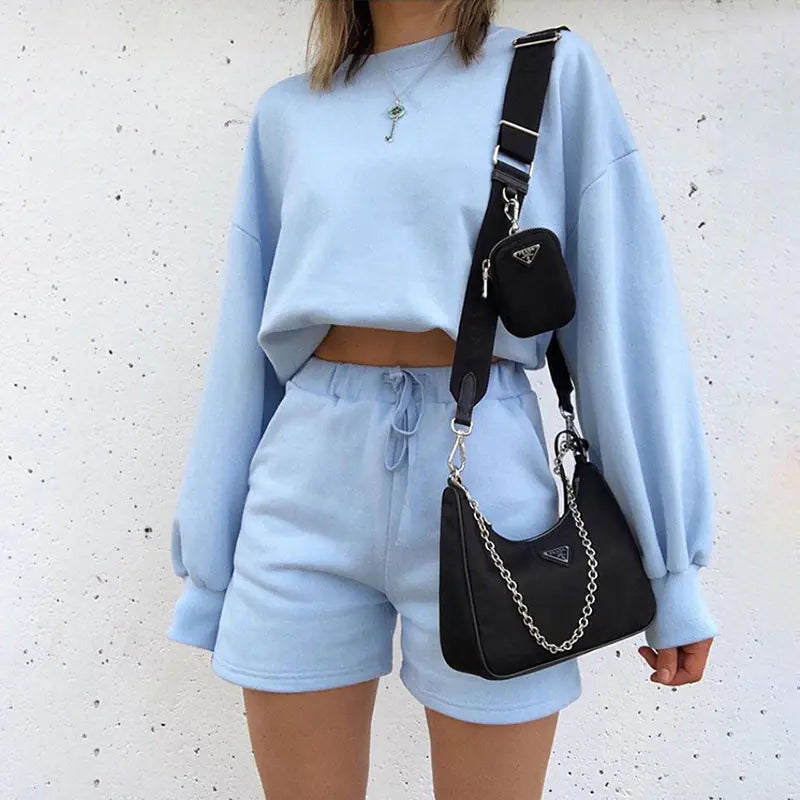 Loose Long Sleeve Top with High Waist Shorts Set