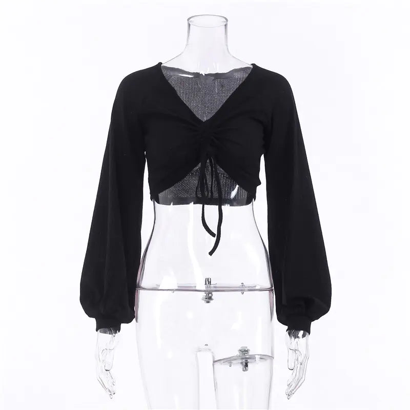 V-Neck Lantern Sleeve Crop Top for Women