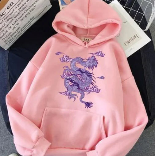 Candy Color Hooded Sweatshirt with Dragon Cloud Print