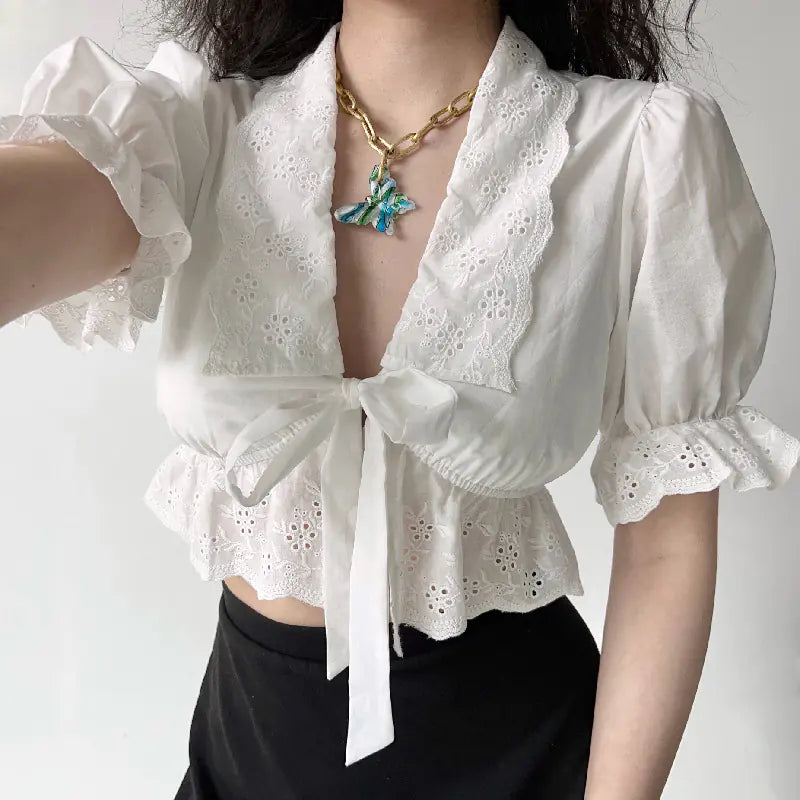 Deep V-Neck Lantern Sleeve White Blouse for Women