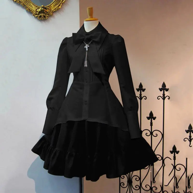 Solid Color Ruffled Hem Princess Dress with Bow Tie