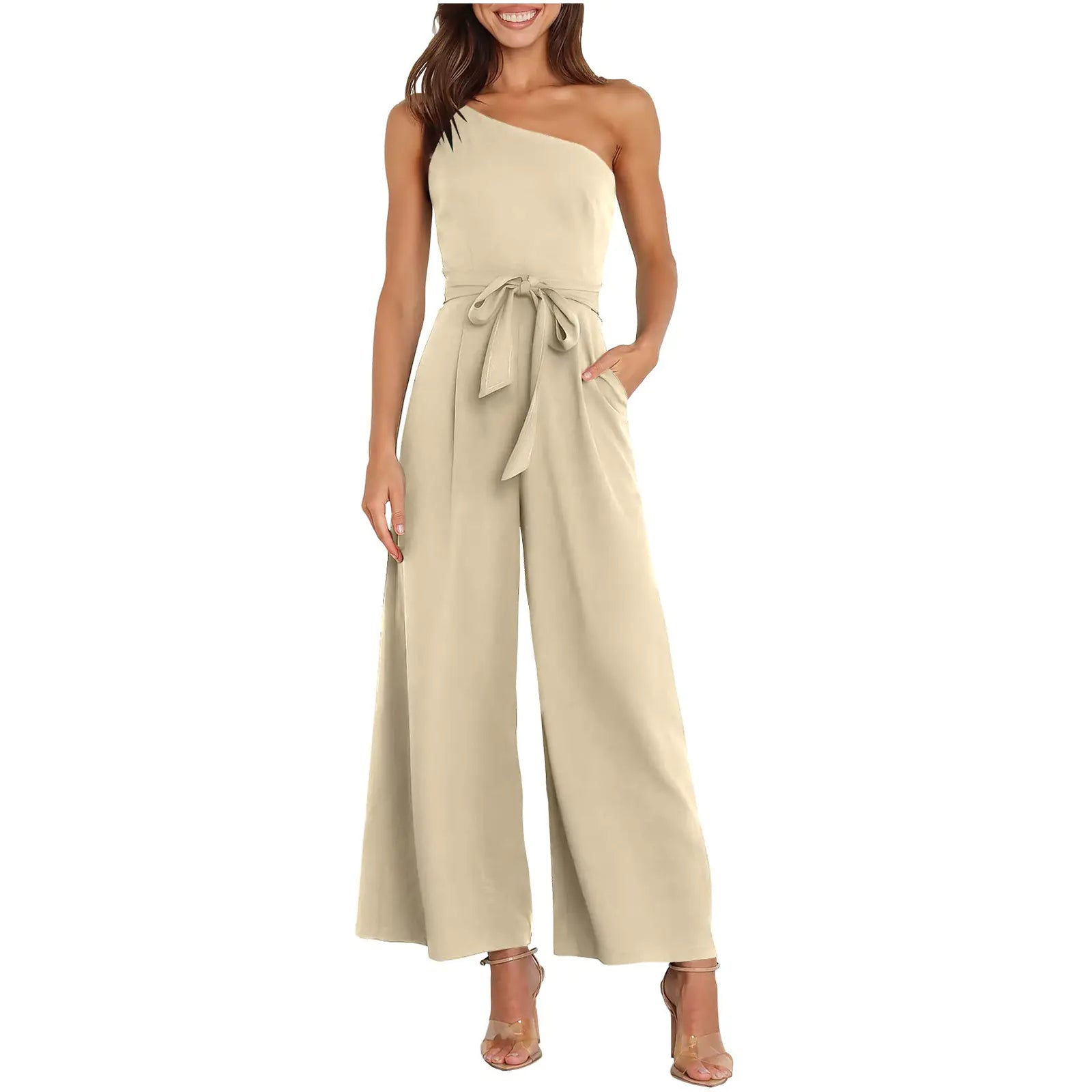 Women's Solid Color Slant Shoulder Jumpsuit for Commuting