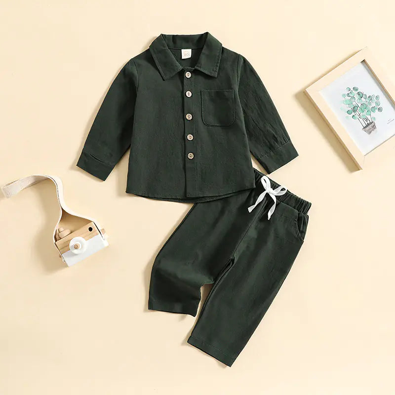 Boys' Cotton Linen Standing Collar Casual Outfit Set