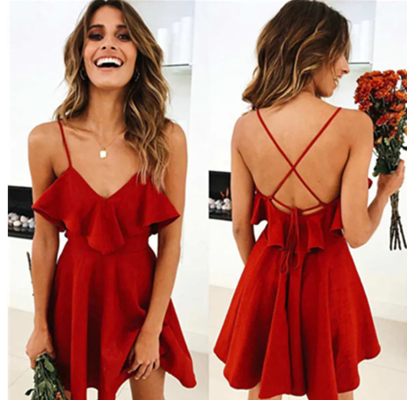 Backless Lace-Up Waist Dress with Ruffles