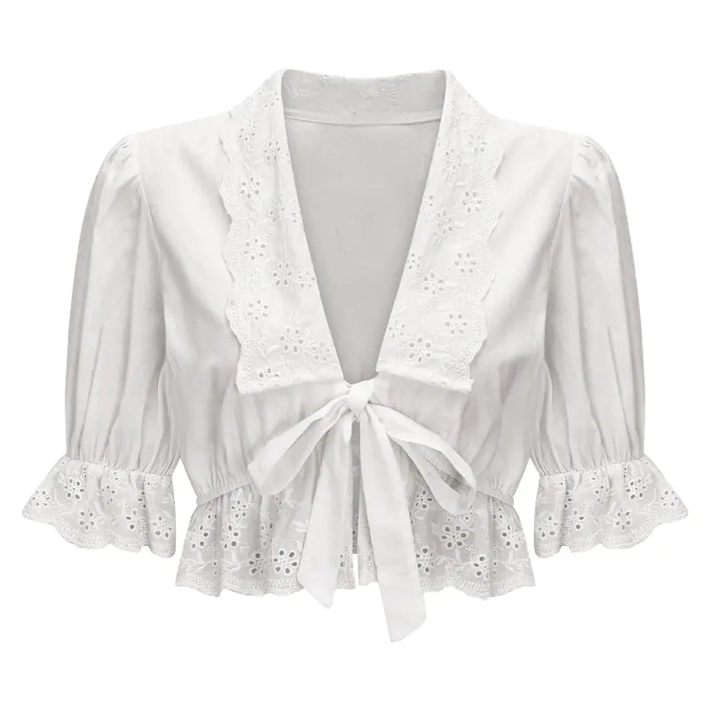Deep V-Neck Lantern Sleeve White Blouse for Women