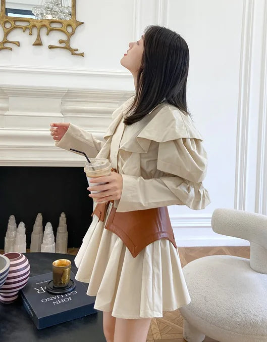 Yellow Puff Sleeve Shirt Dress with Waist Design