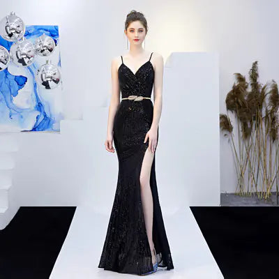 Elegant Long Deep V Mermaid Evening Dress with Sequins