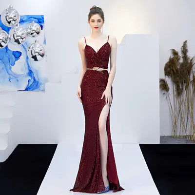 Elegant Long Deep V Mermaid Evening Dress with Sequins