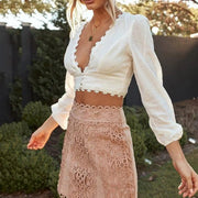Deep V Women's Long Sleeve Top with Floral Lace Trim