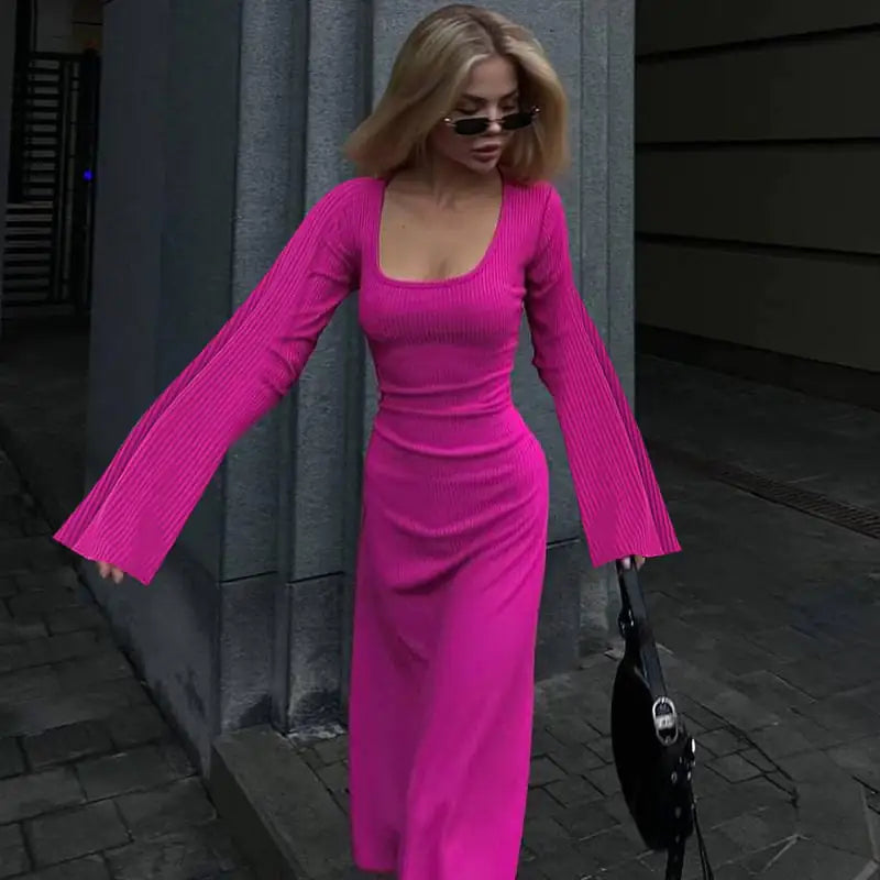 Fashion U-neck Lace-up Long Sleeve Dress for Women