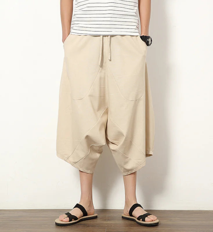 Cotton Linen Harem Pants - Japanese Style Cropped Trousers