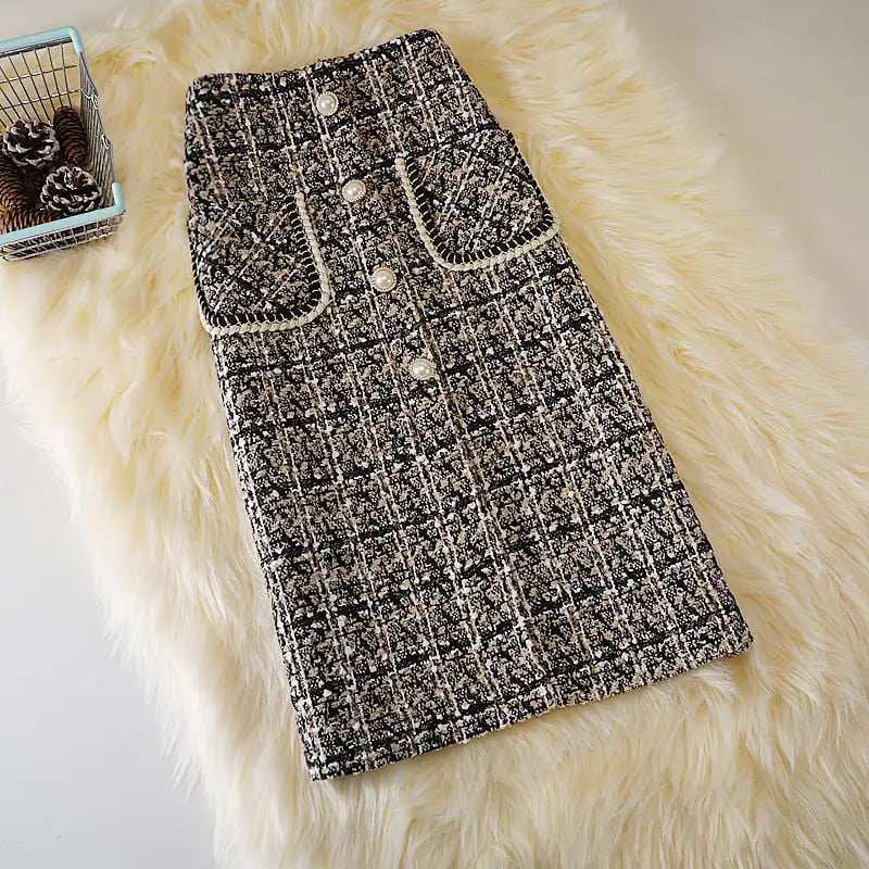 High Waist Slim Plaid Wool Skirt
