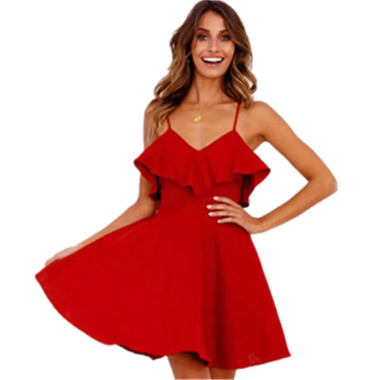Backless Lace-Up Waist Dress with Ruffles