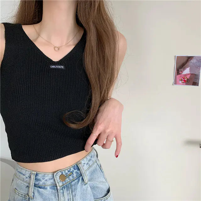 Elegant V-Neck Knitted Cotton Tank Top for Women
