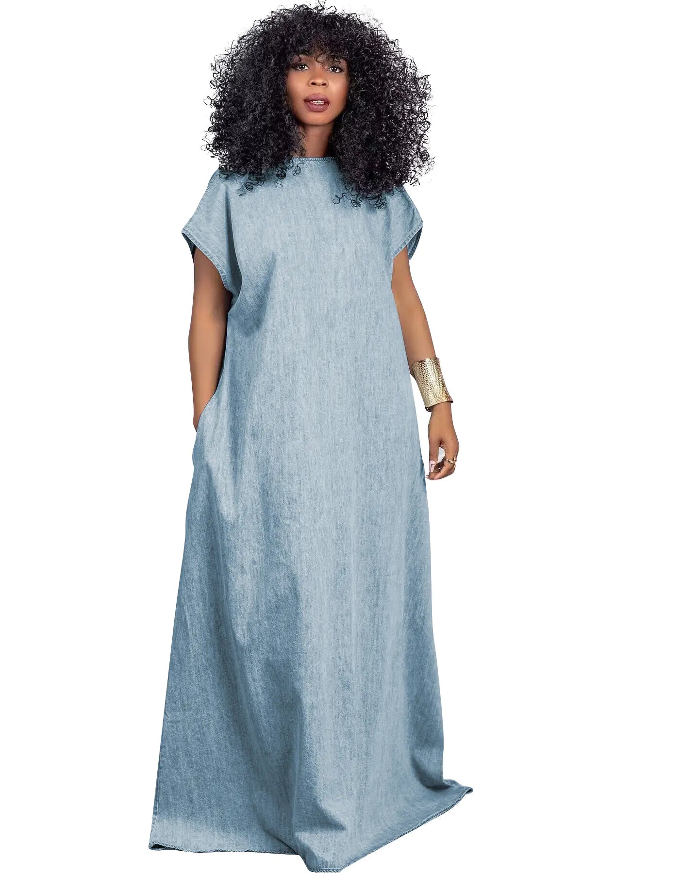 Retro Women's Backless Denim Dress with Deep V-neck