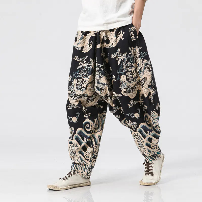 Chinese Style Men's Dragon Print Loose Trousers