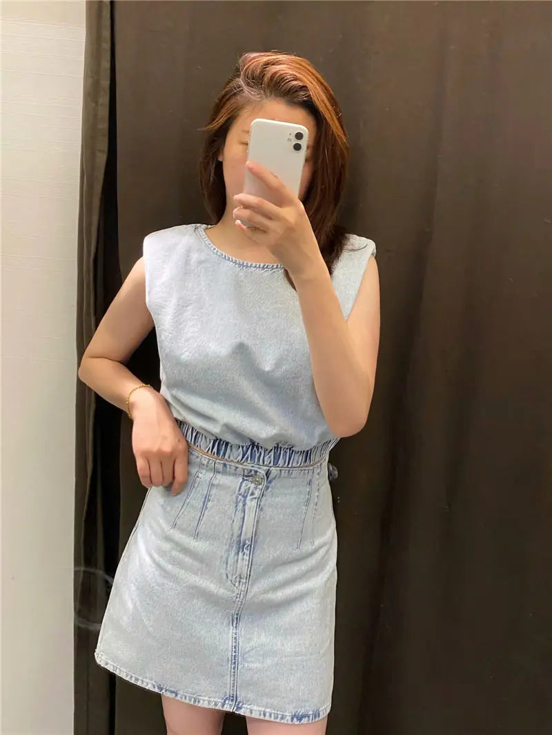 2020 Summer Women's Denim Skirt Set with Top