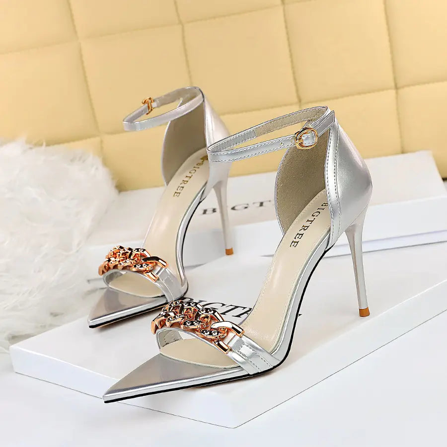 Rhinestone Hollow Out Thin Metal Chain Sandals