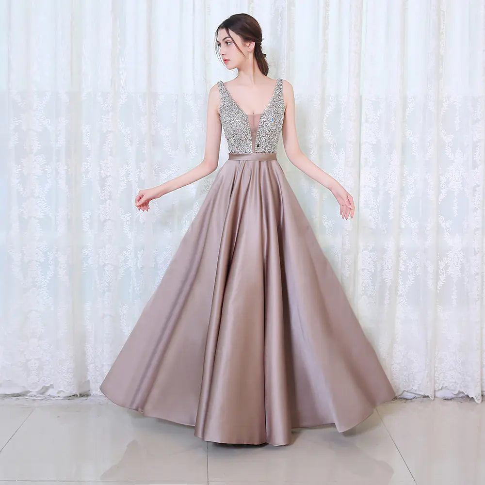 Handmade Deep V-Neck Evening Dress for Parties