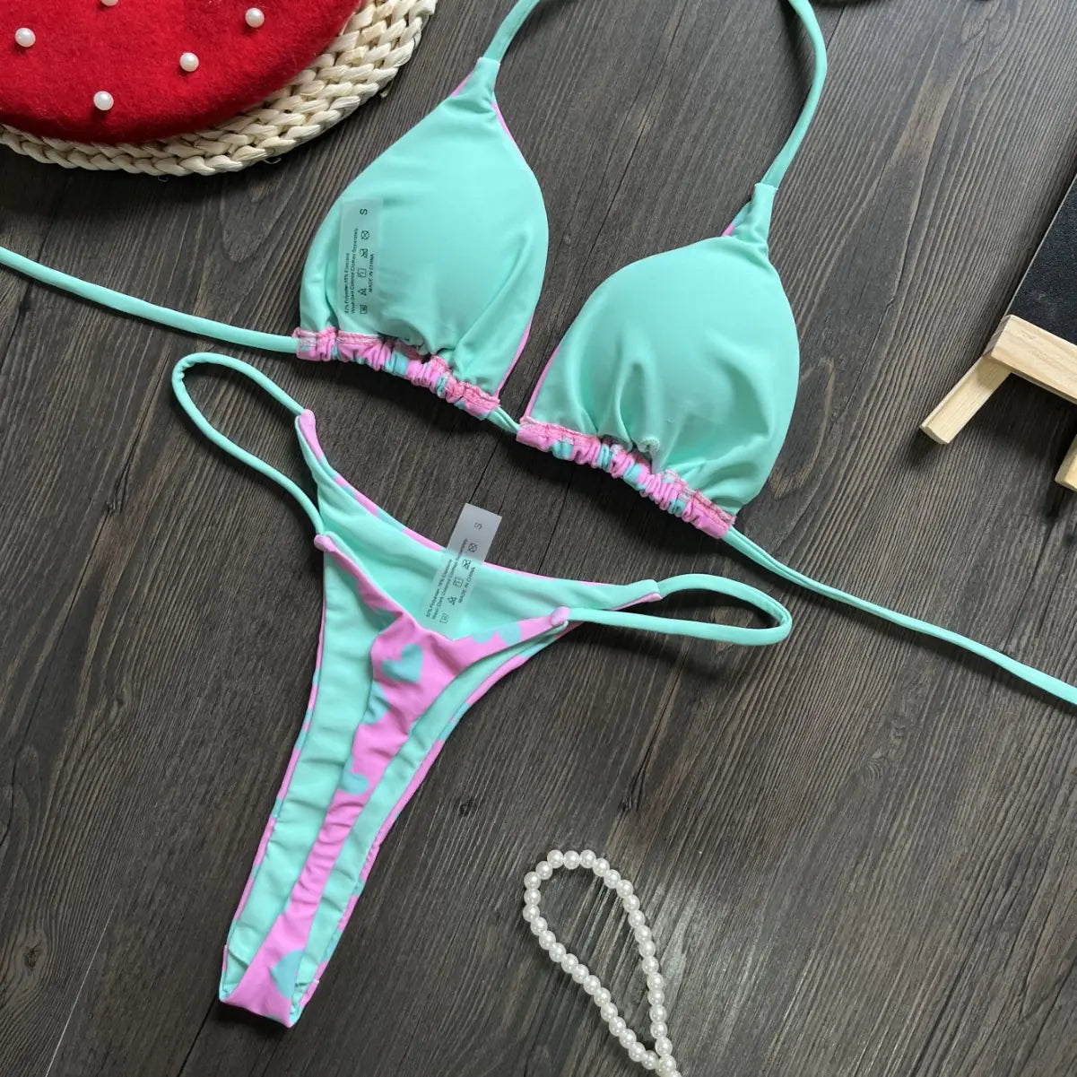 Heart Print Backless Bikini Swimsuit