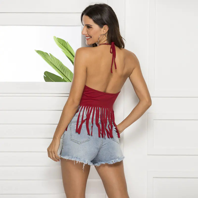 Backless Fringe Print Halter Top - Summer 2019 Trend