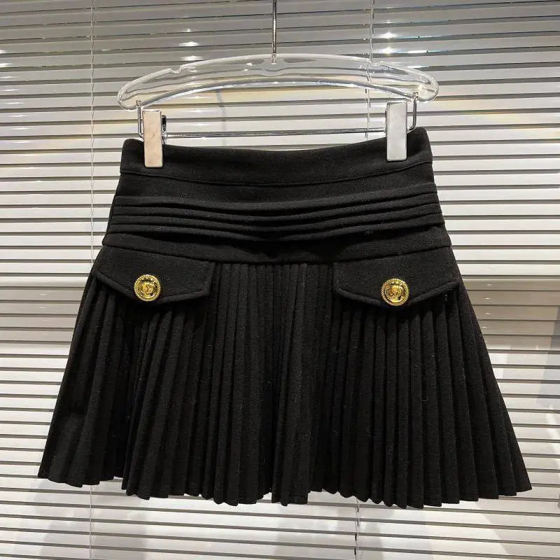 High-Waisted Slim Rhinestone Buckle Pleated Skirt
