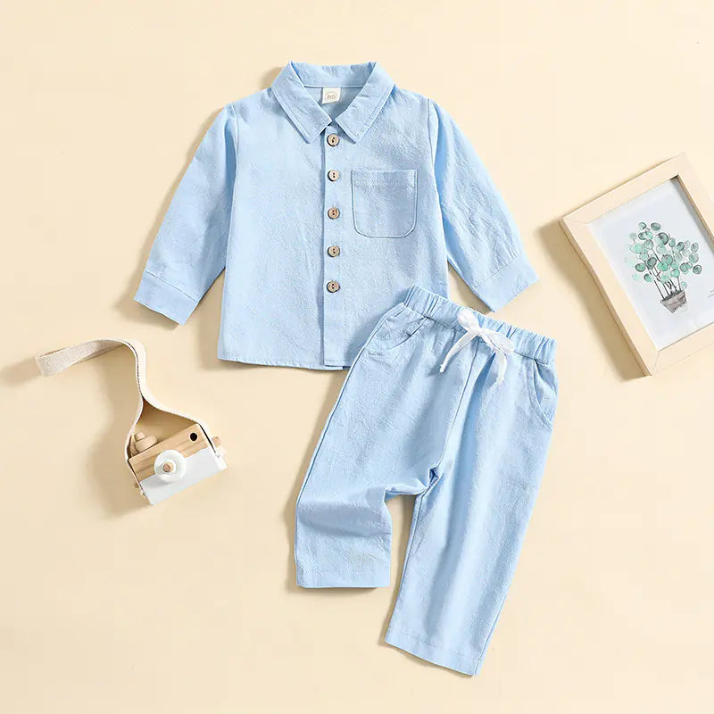 Boys' Cotton Linen Standing Collar Casual Outfit Set