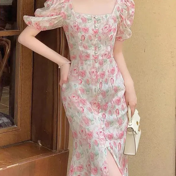 Pink Floral Dress with White Thin Bubble Sleeves