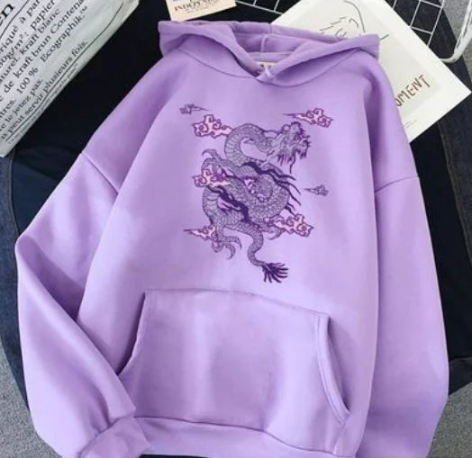 Candy Color Hooded Sweatshirt with Dragon Cloud Print
