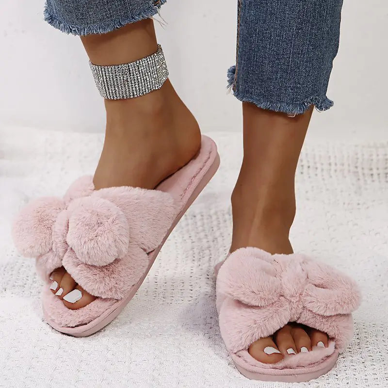 Korean Fashion Bow Open-Toed Cotton Slippers for Home