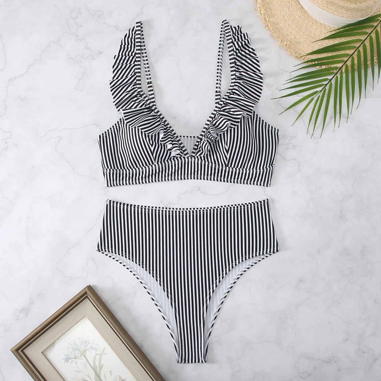 High-Waisted Striped Bikini with Ruffle Straps