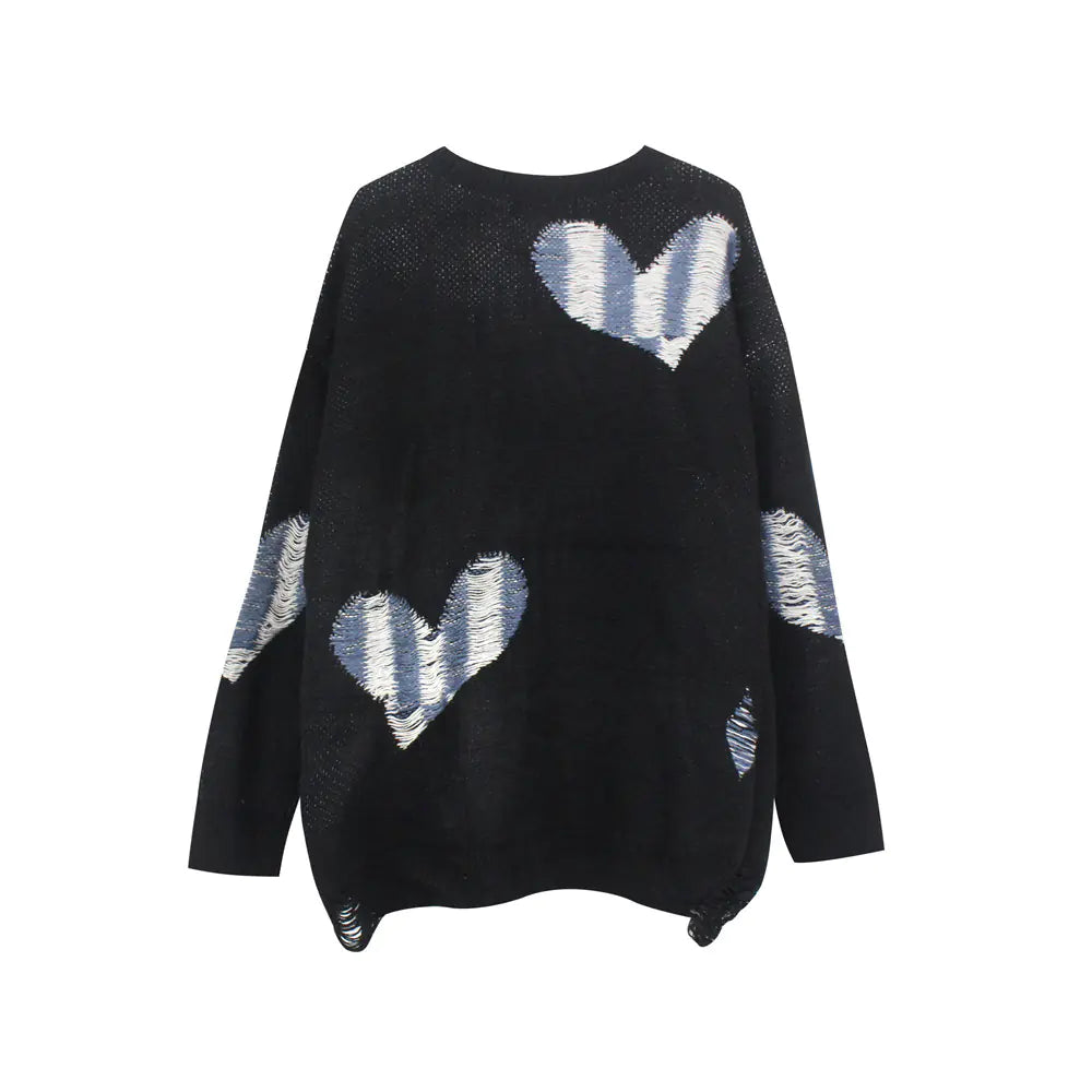 Contrast Color Heart Knit Men's Loose Crew Neck Sweater