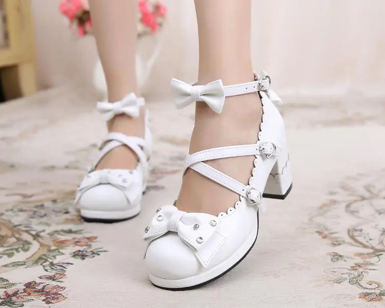 Cute Bowknot Cross Strap Chunky Heels for Students