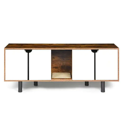 Double Cat Litter Box Enclosure - White Vintage TV Stand Cabinet