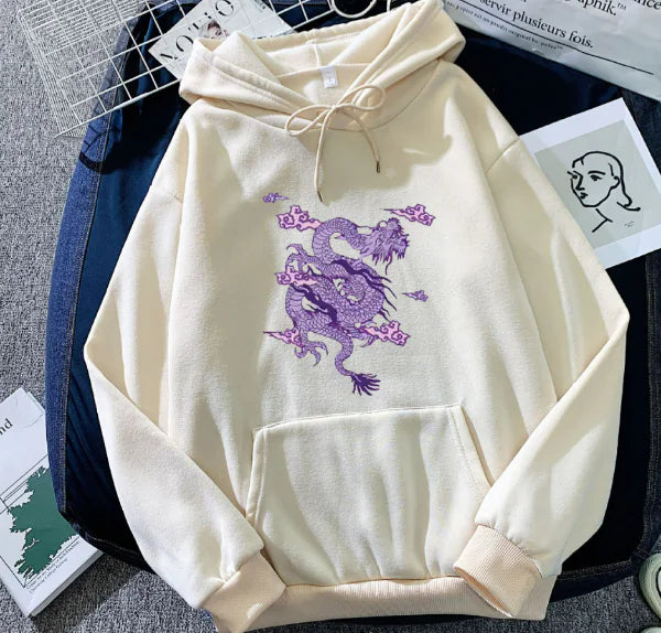 Candy Color Hooded Sweatshirt with Dragon Cloud Print