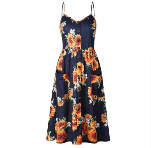 Sunflower Pineapple Print Backless Dress for Women