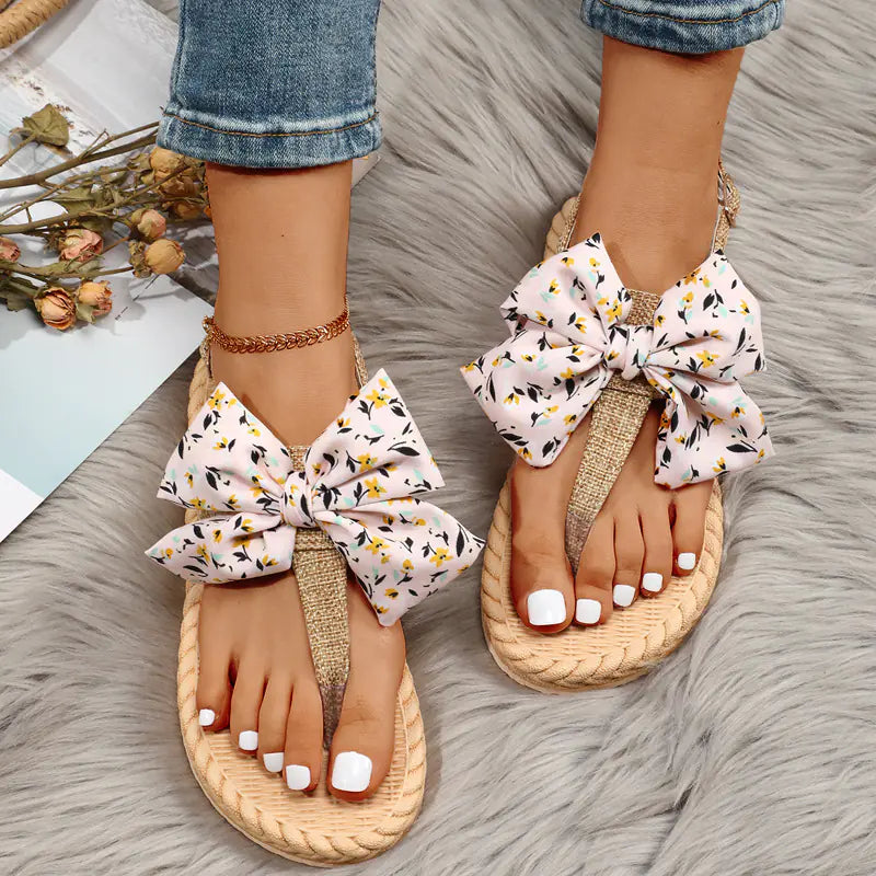 Summer Beaded Bow Sandals with Hemp Rope Bottom