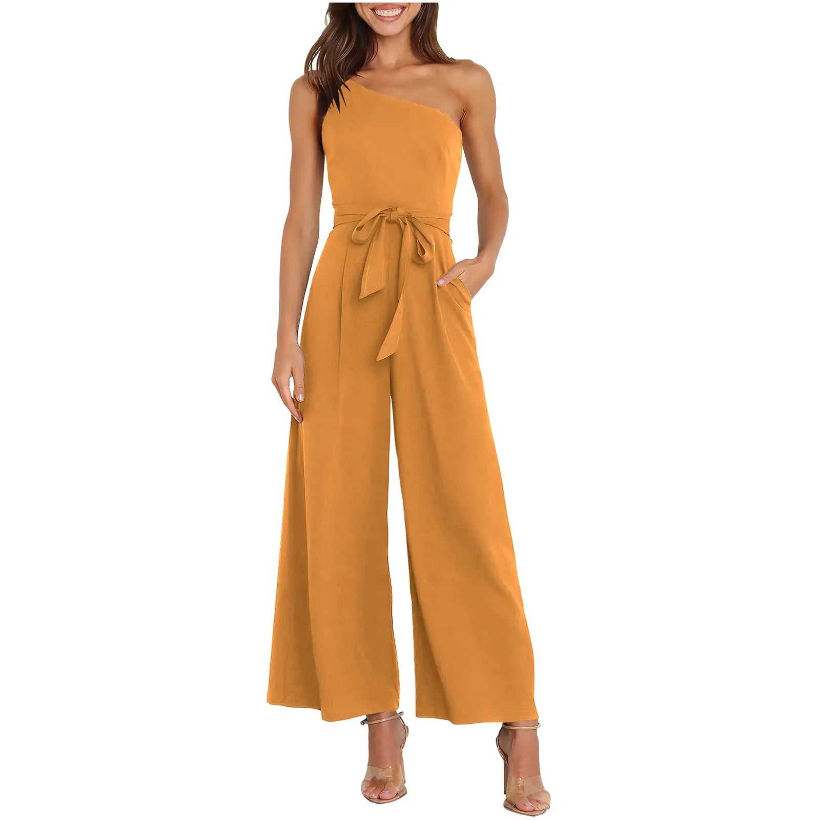 Women's Solid Color Slant Shoulder Jumpsuit for Commuting